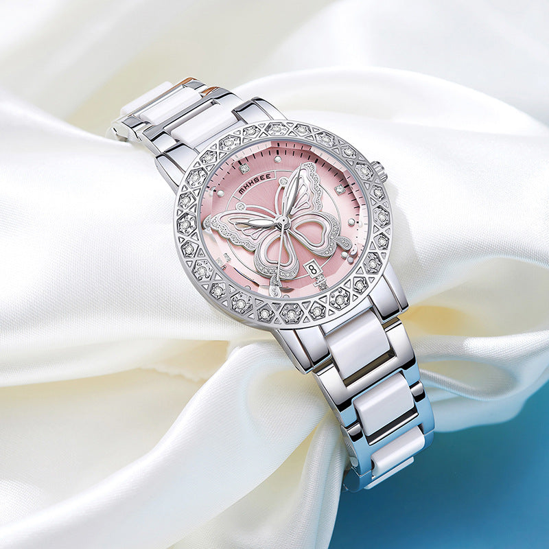 K Butterfly Diamond-encrusted Luxury Women's Watch With Calendar And Steel Strap