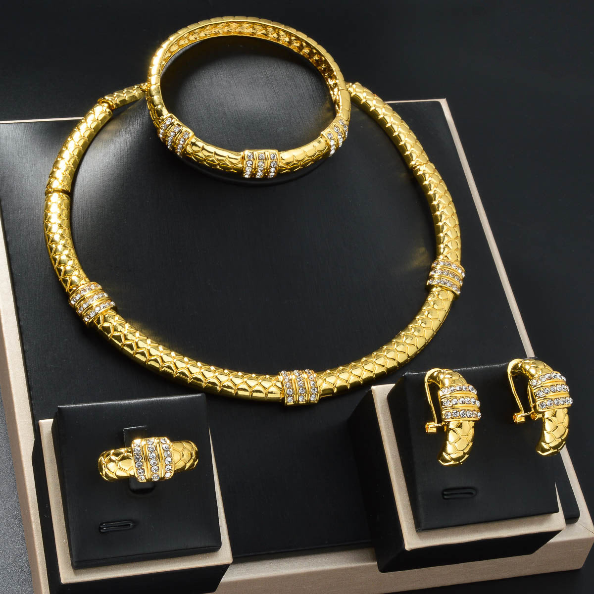 K style Diamond-studded Ring Bracelet Necklace And Earring Set