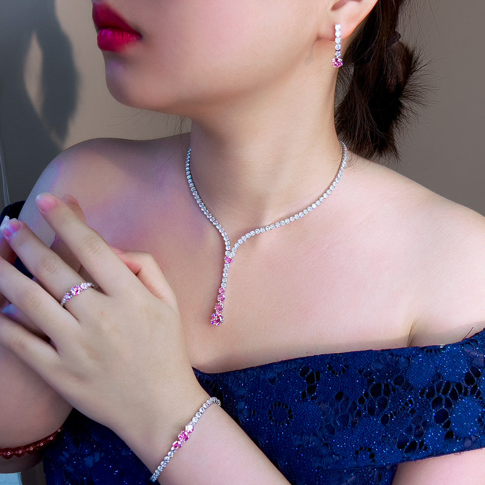 K Luxury Zircon Necklace Earrings Bracelet And Ring Set 4-piece Set