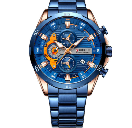 K Six-hand Steel-band Round Quartz Watch A Stylish Timepiece