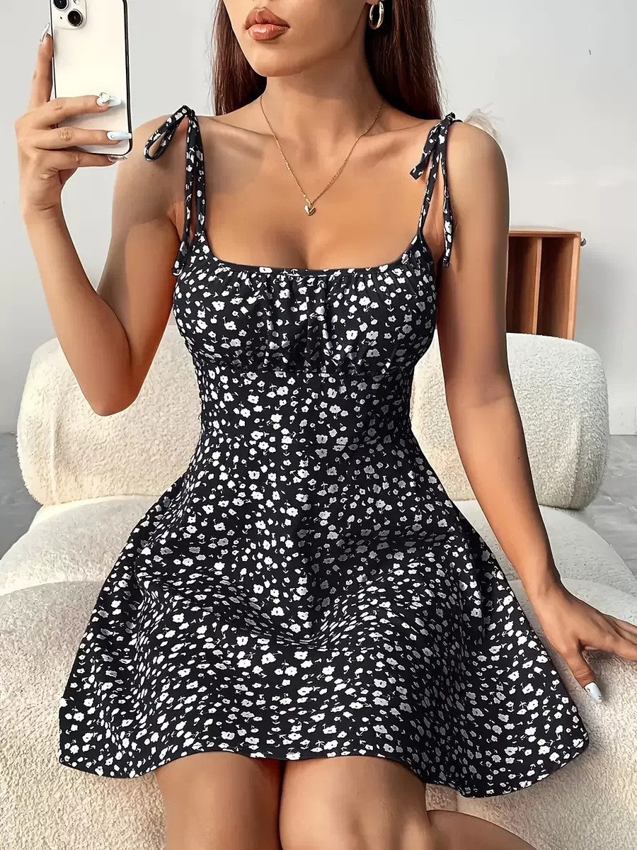 K Floral Print Dress Summer Sweet A- Line Waist Trimming Dresses Women's Slimming Casual Clothing