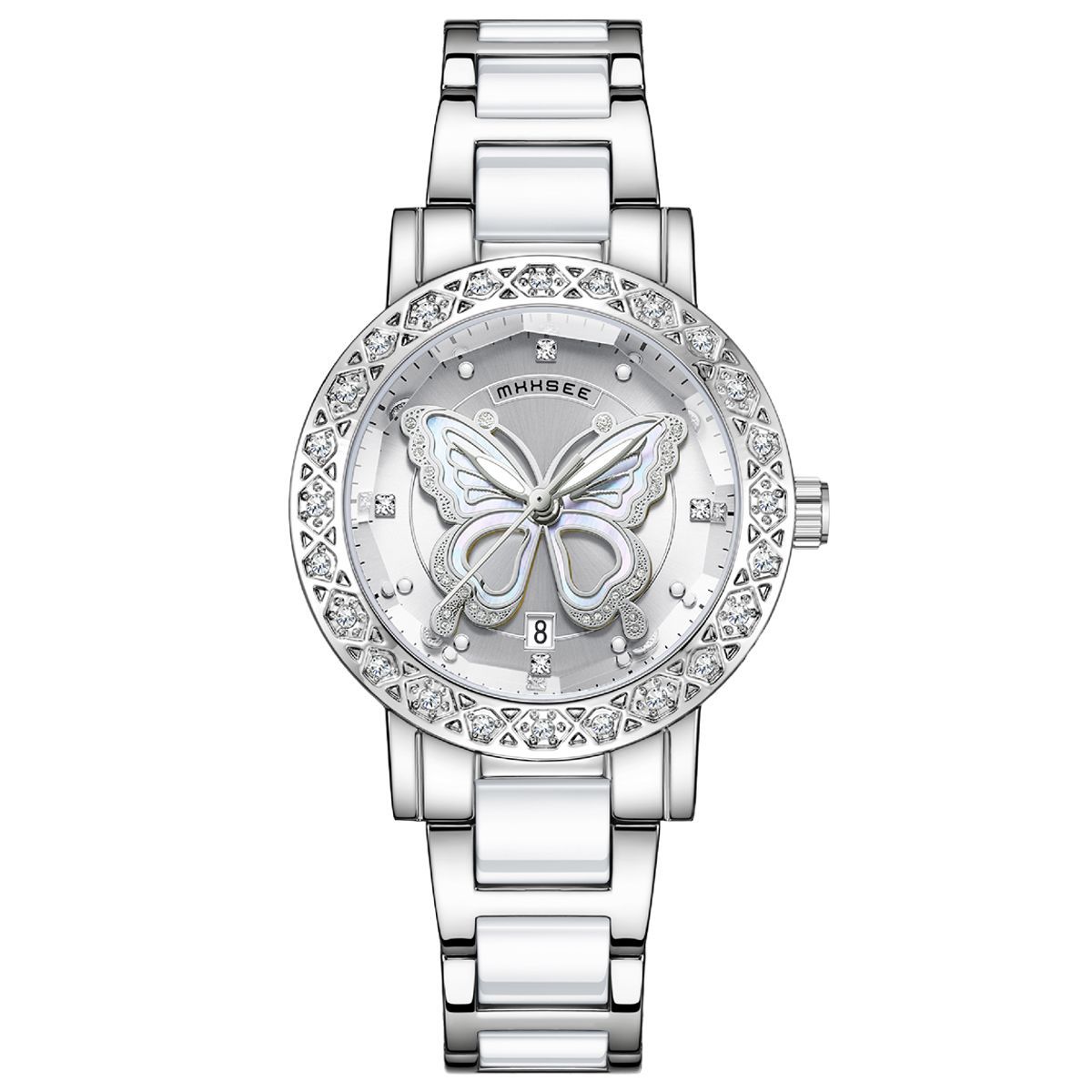K Butterfly Diamond-encrusted Luxury Women's Watch With Calendar And Steel Strap