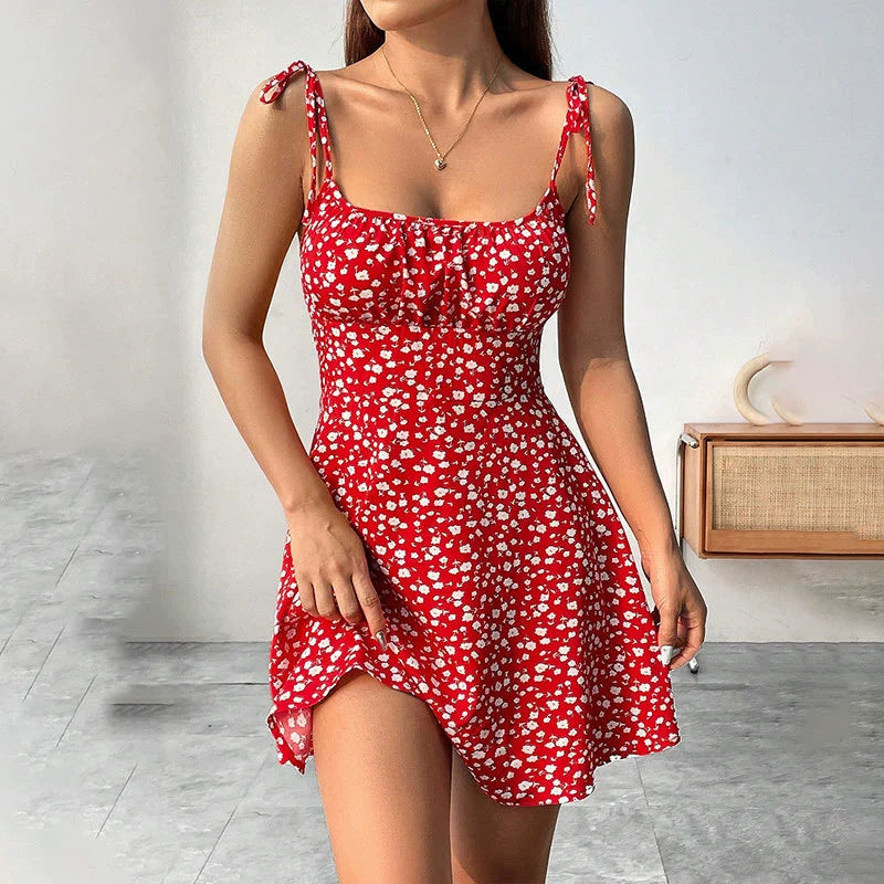 K Floral Print Dress Summer Sweet A- Line Waist Trimming Dresses Women's Slimming Casual Clothing