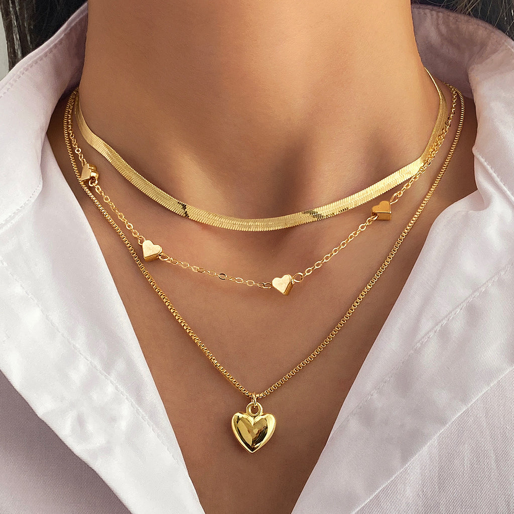 K Retro Geometric Heart-Shaped Fashionable Metal Multi-Layer Necklace For Women