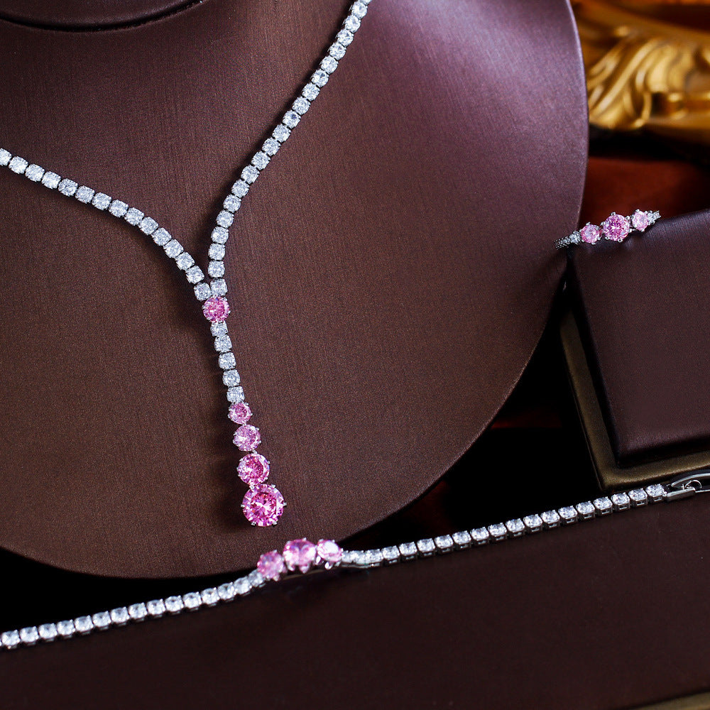 K Luxury Zircon Necklace Earrings Bracelet And Ring Set 4-piece Set