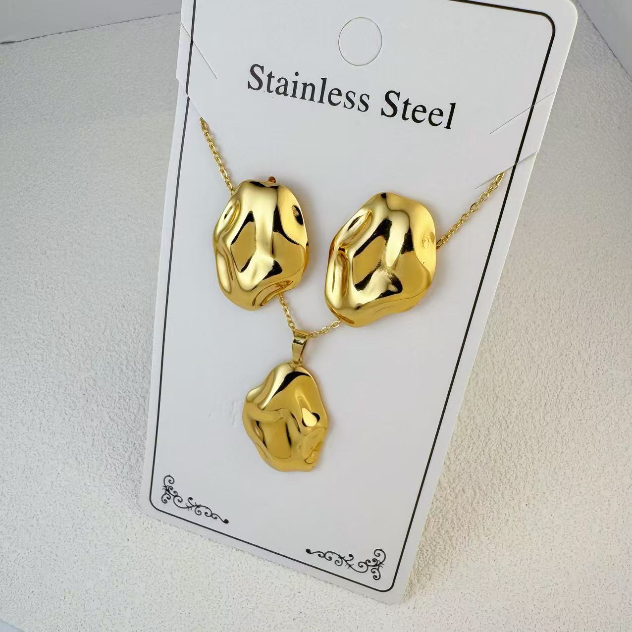 K New Stainless Steel Plated 18k Gold Necklace Earring Set