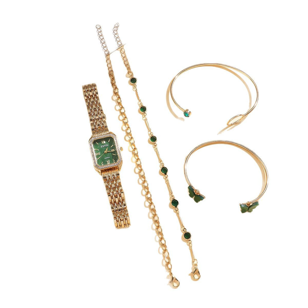 K Wild Emerald Square Steel Watch Butterfly Bracelet 5pcsset Gift Set