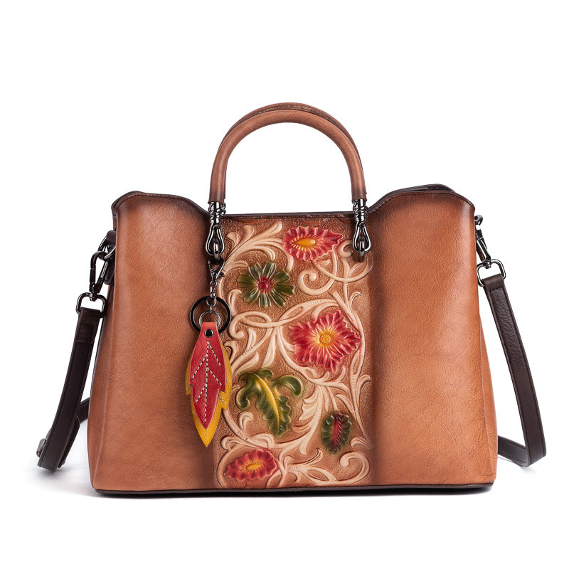 K Retro Genuine Leather Embossed Distressed Simple Large-Capacity Tote Bag