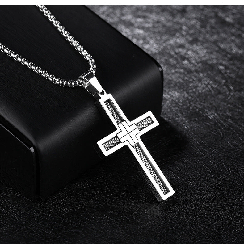 K Titanium Steel Wire Cross Men's Necklace
