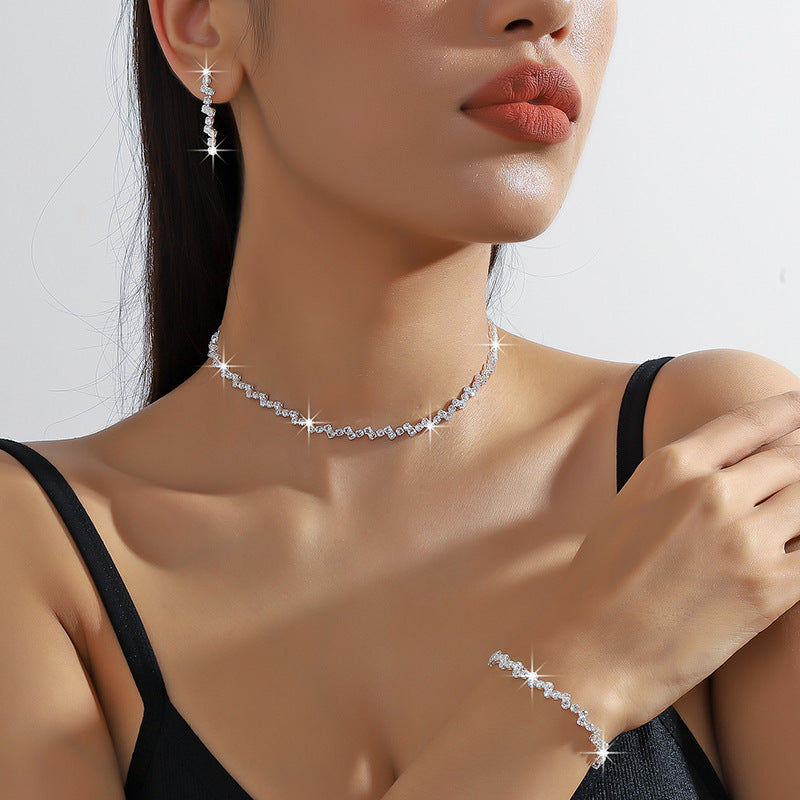 K Zircon Necklace Earrings And Bracelet Setthree-piece Set