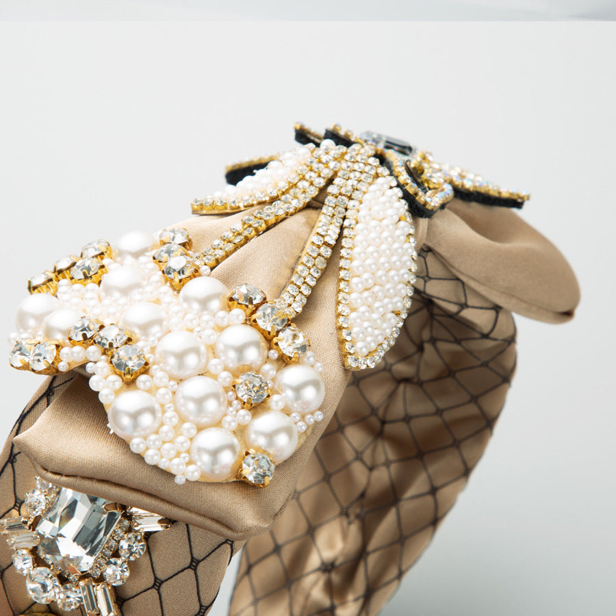 K Baroque Fabric Bow Full Diamond Pearl Headband