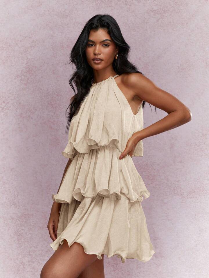K Elegant Halter Neck Sleeveless Strapless Sheer Layered Dress - Ruffled Hem Elegant Women's Summer Party Dress  Beach Vacation Outfits