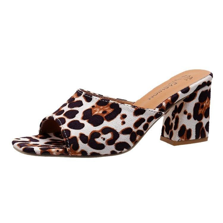 K Leopard Square Toe Sandals Summer High-heeled