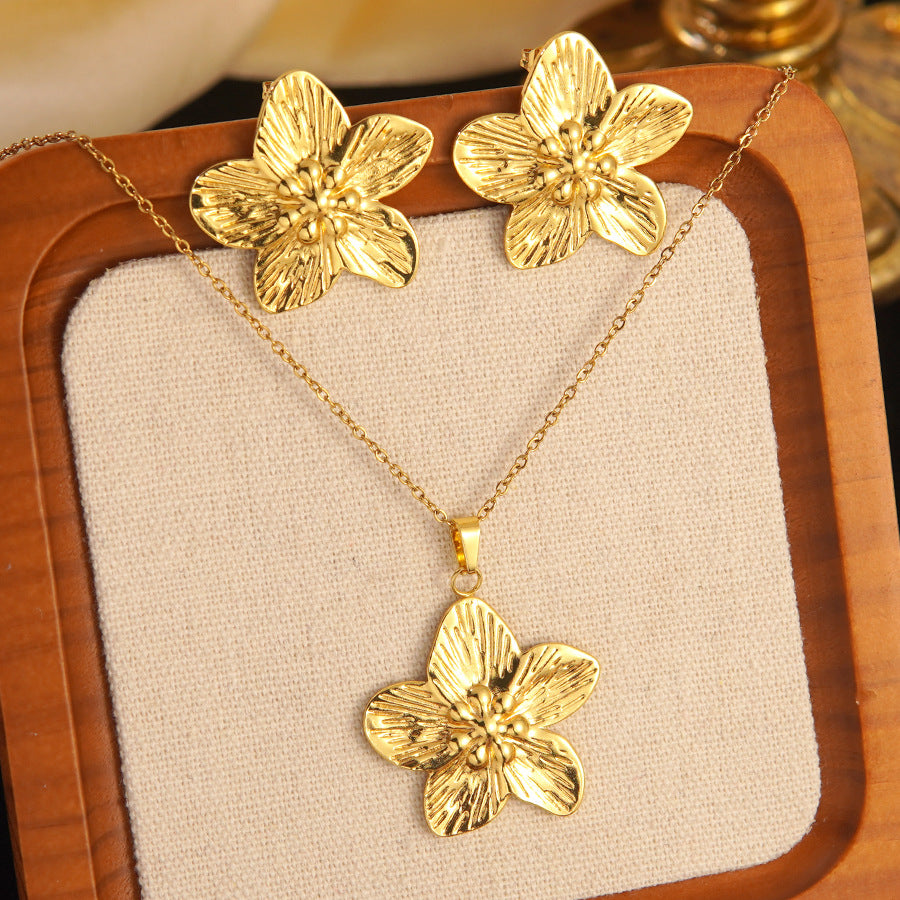 K Stainless Steel Heart Bow Flower Necklace And Earrings Set