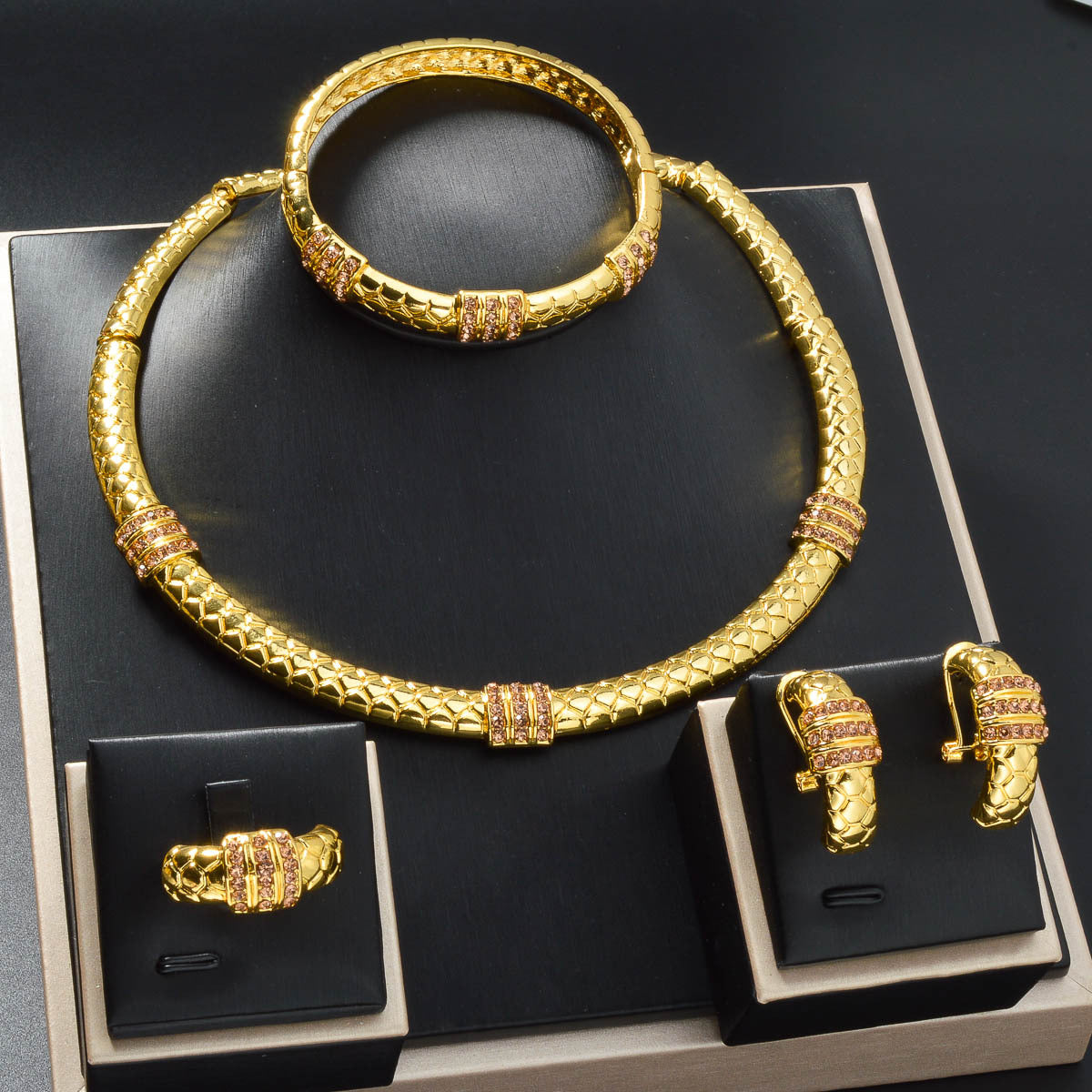 K style Diamond-studded Ring Bracelet Necklace And Earring Set