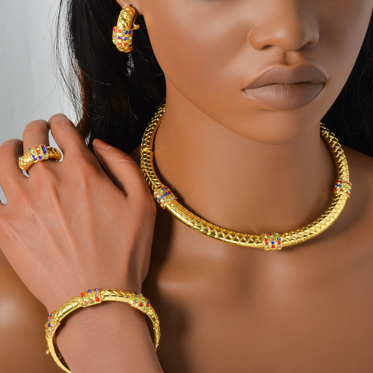 K style Diamond-studded Ring Bracelet Necklace And Earring Set