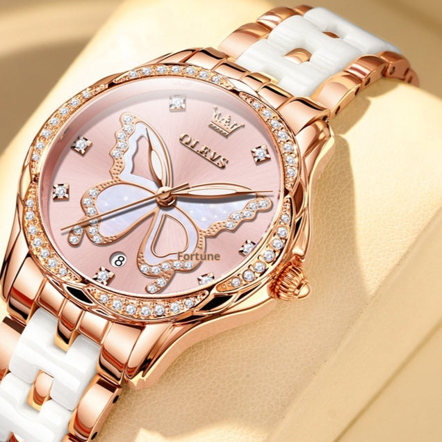 K Luminous Water-resistant Ceramic-band Quartz Watch For Women
