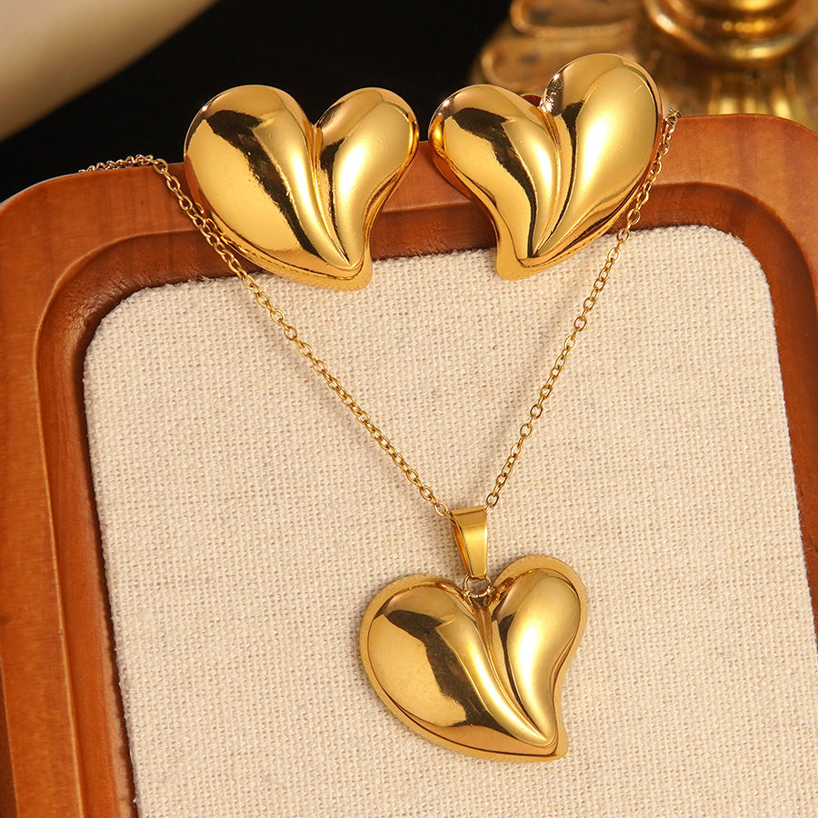 K Stainless Steel Heart Bow Flower Necklace And Earrings Set