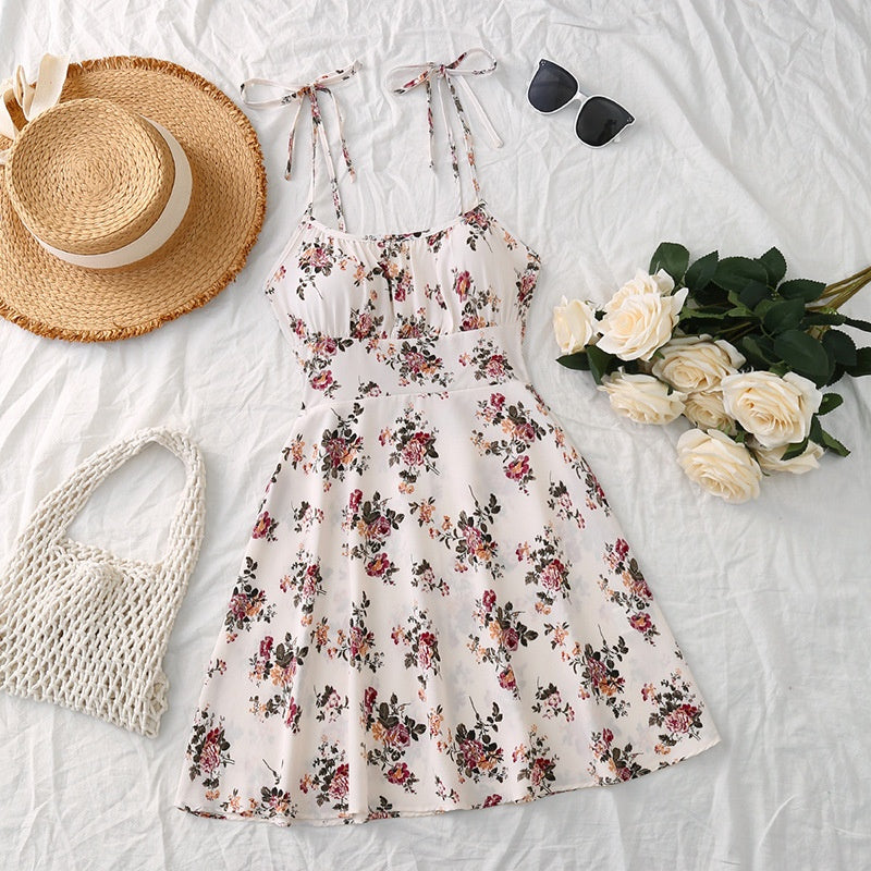 K Floral Print Dress Summer Sweet A- Line Waist Trimming Dresses Women's Slimming Casual Clothing