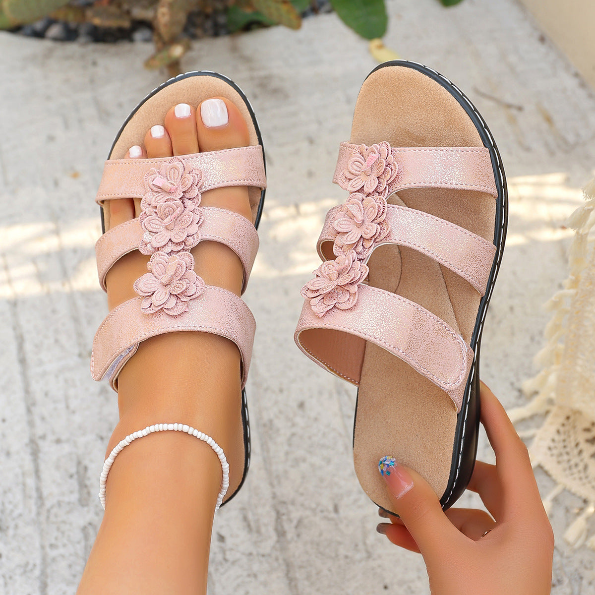 K Floral Open-Toe Slide Sandals With A Strap