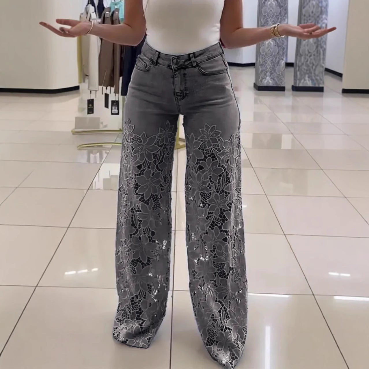 K Y2K Lace Flowers Hollow Jeans