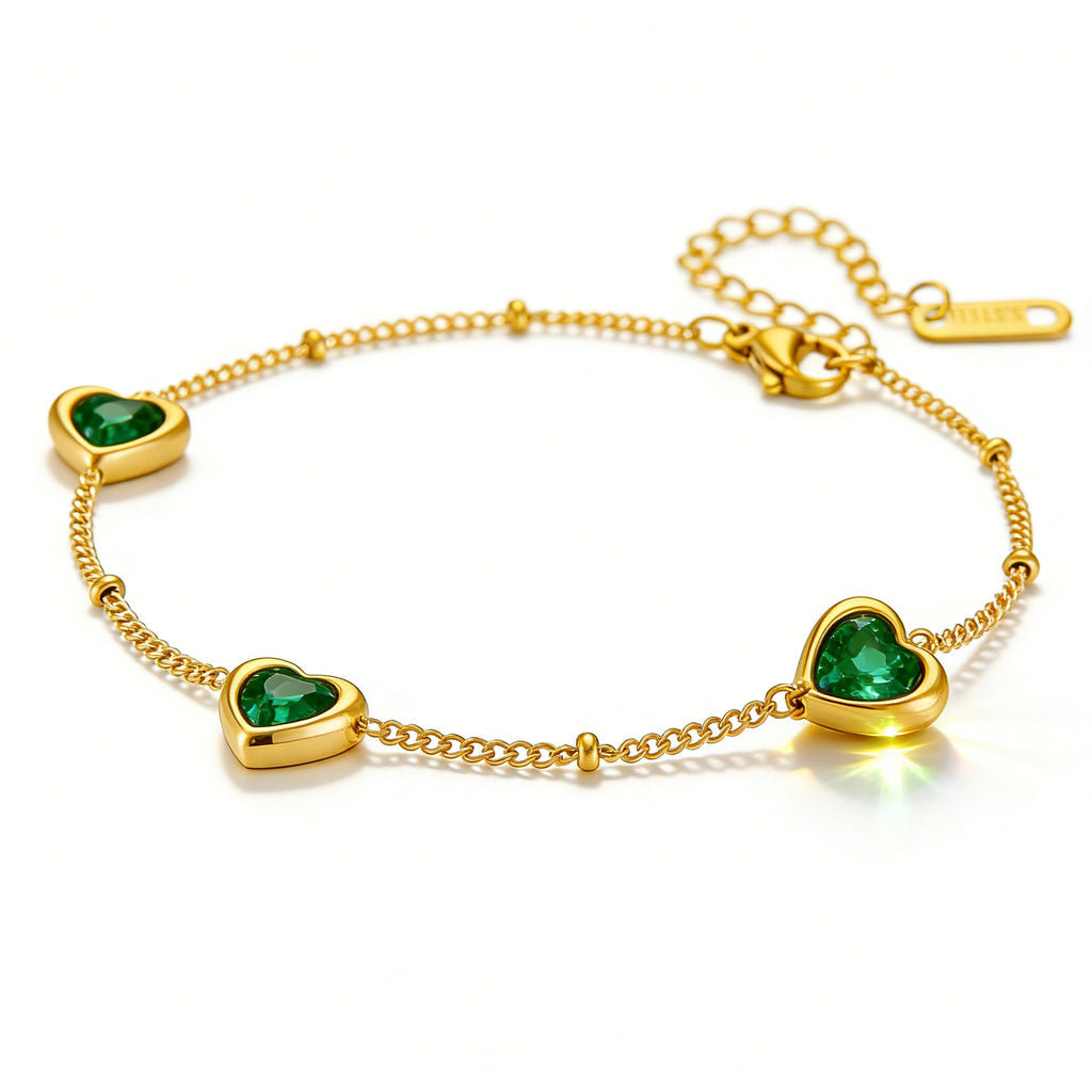K Stainless Steel Necklace And Bracelet With Inlaid Green Diamond Hearts