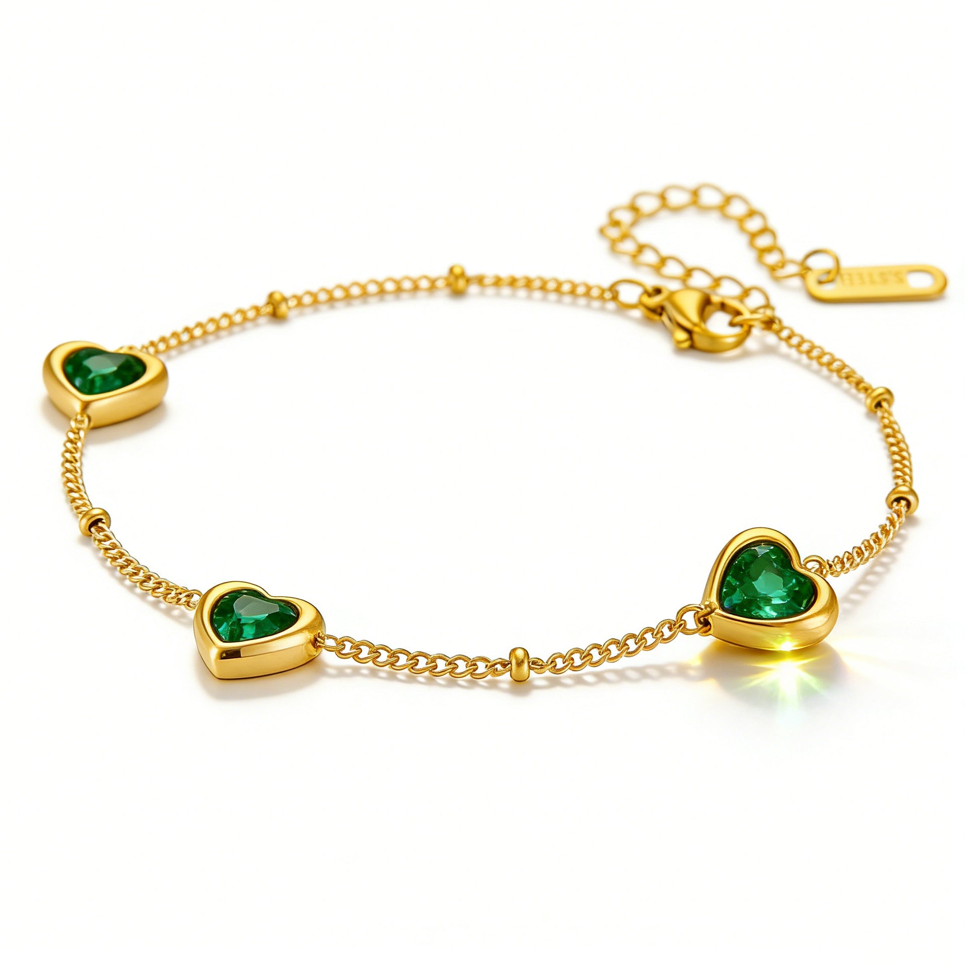 K Stainless Steel Necklace And Bracelet With Inlaid Green Diamond Hearts