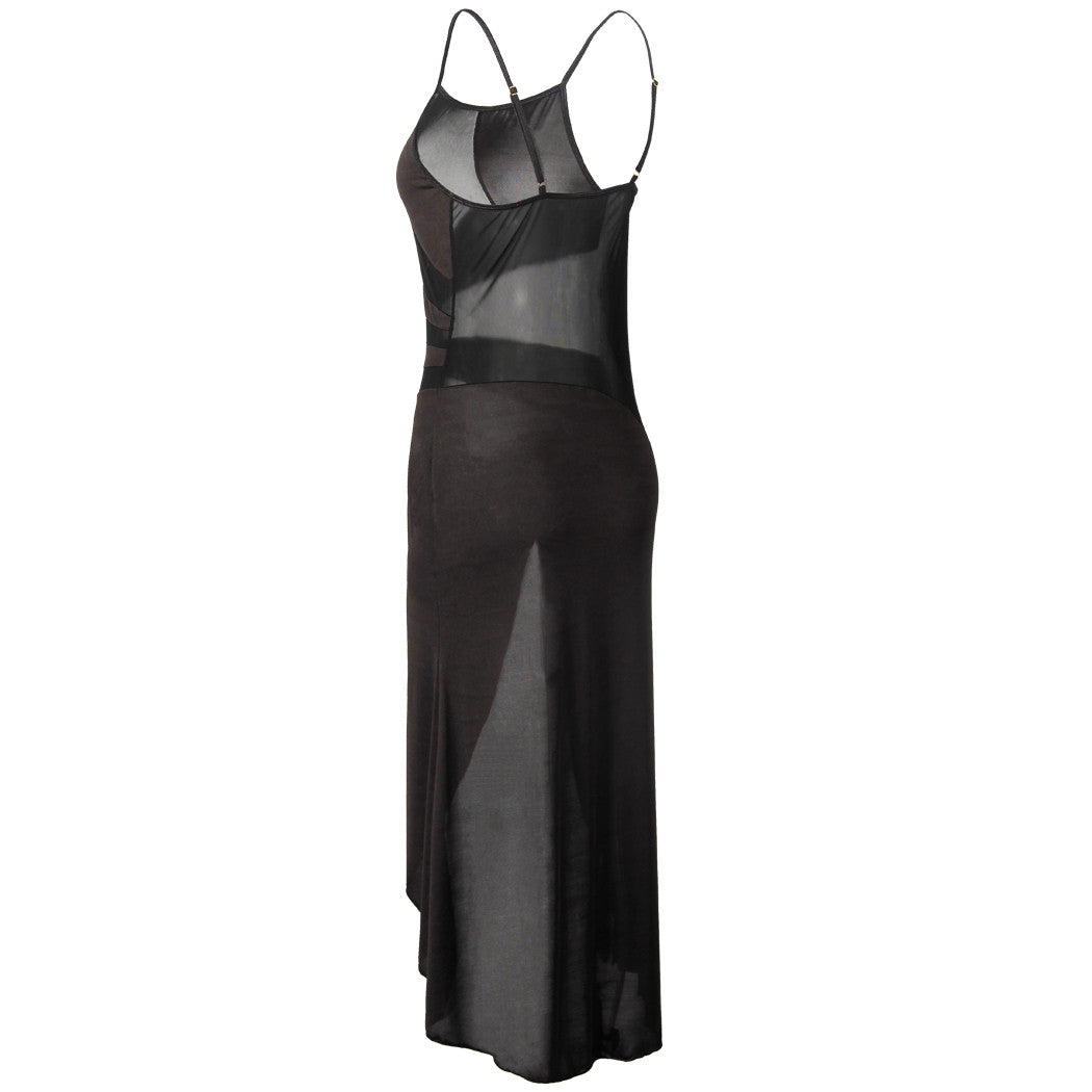 K Mesh See-through Slit Suspender Maxi Dress