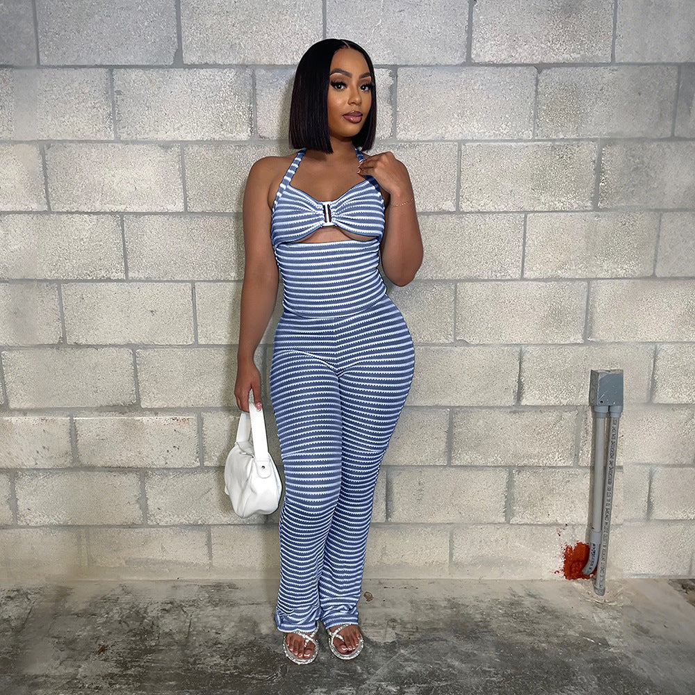 K Outerwear Paired With Slim-fit Pencil Pants Two-piece Jacquard Striped Set