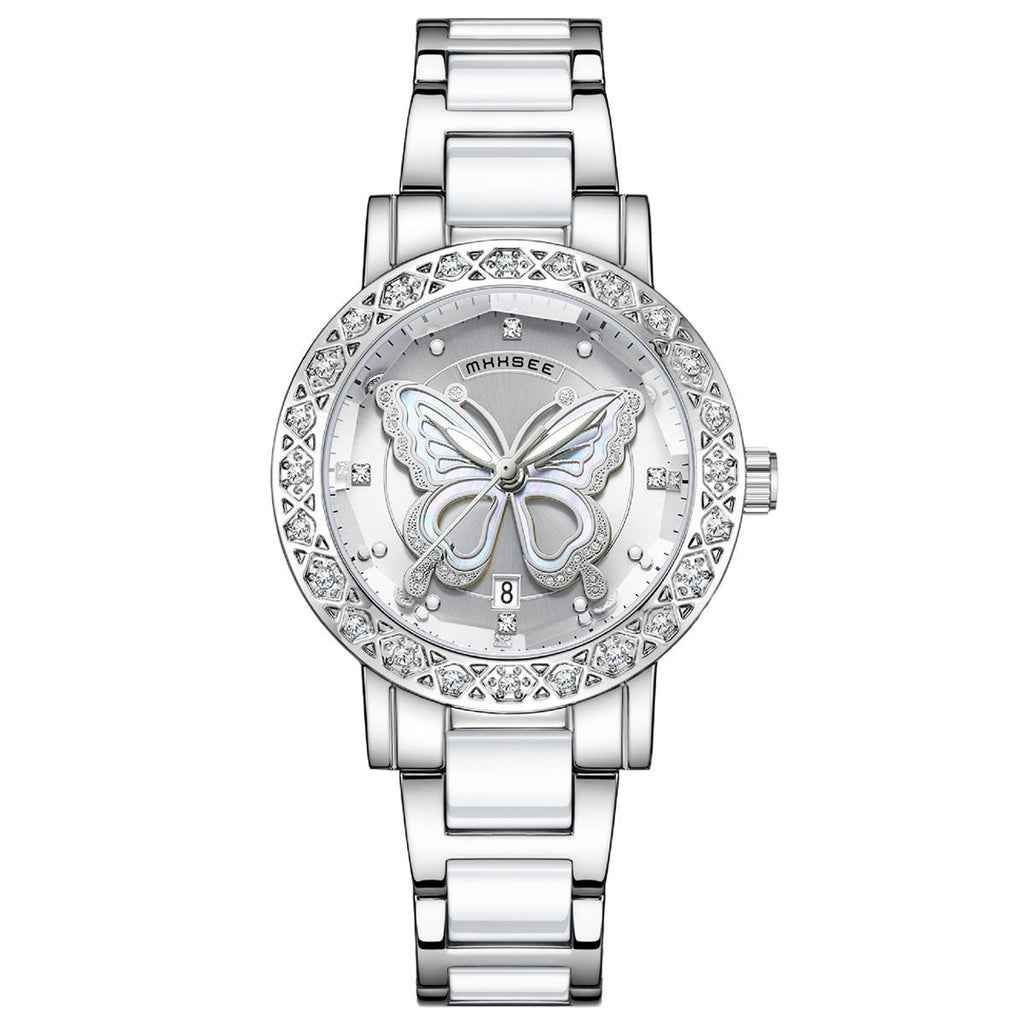 K Butterfly Diamond-encrusted Luxury Women's Watch With Calendar And Steel Strap