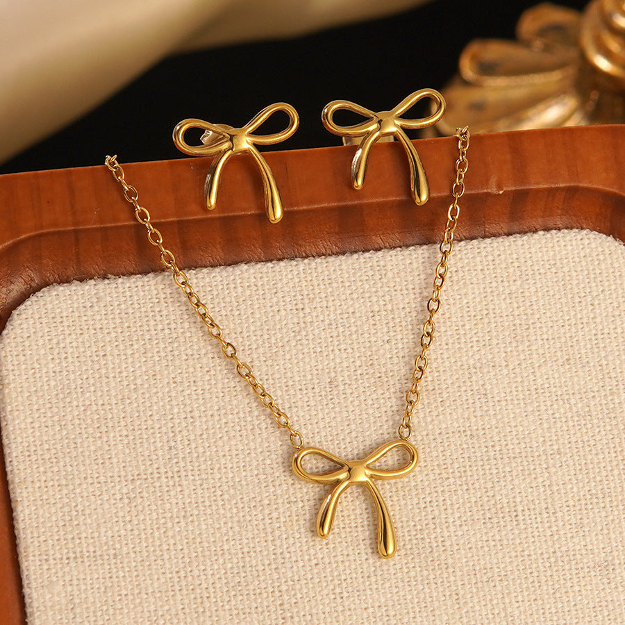 K Stainless Steel Heart Bow Flower Necklace And Earrings Set