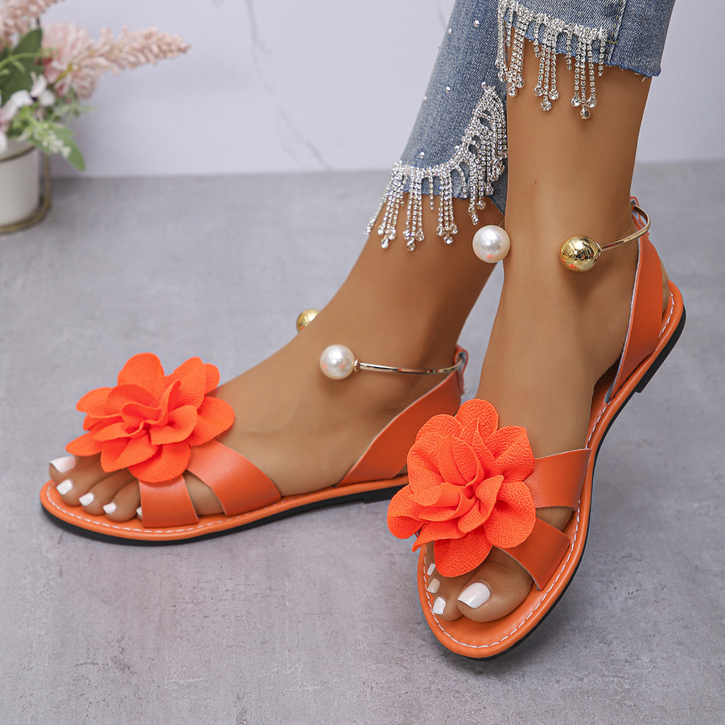 K Flat-sole Pearl Strap Sandals