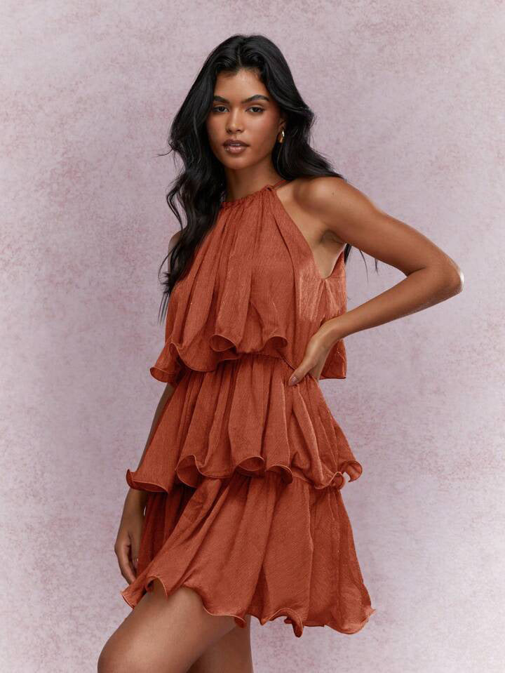 K Elegant Halter Neck Sleeveless Strapless Sheer Layered Dress - Ruffled Hem Elegant Women's Summer Party Dress  Beach Vacation Outfits