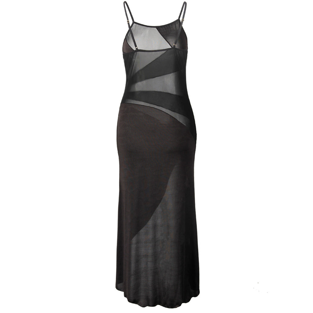 K Mesh See-through Slit Suspender Maxi Dress