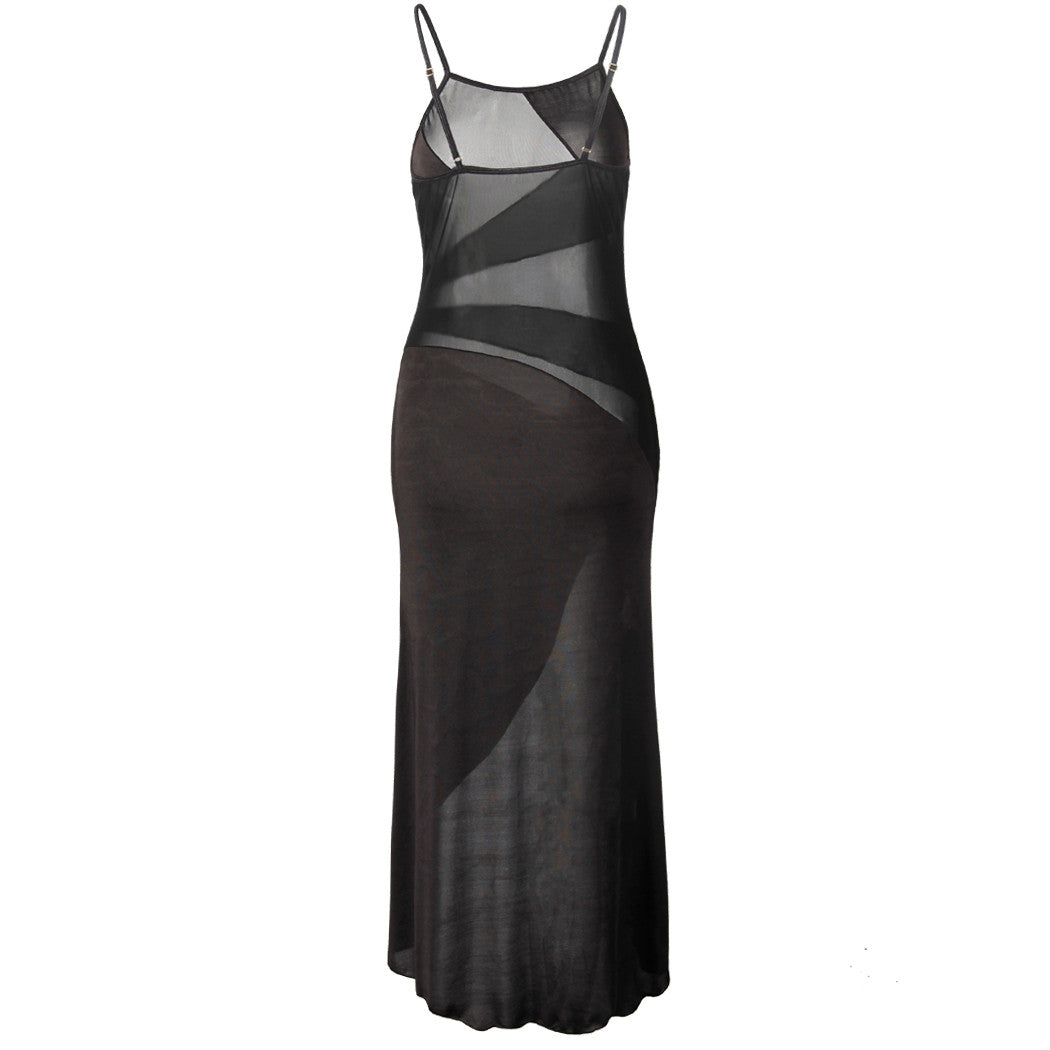 K Mesh See-through Slit Suspender Maxi Dress