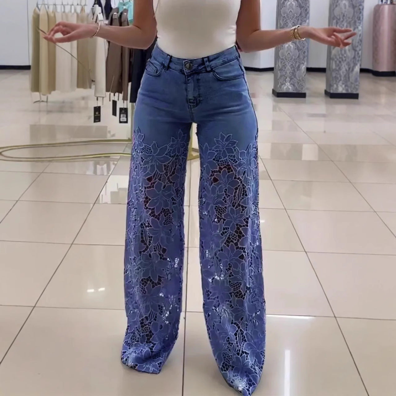 K Y2K Lace Flowers Hollow Jeans