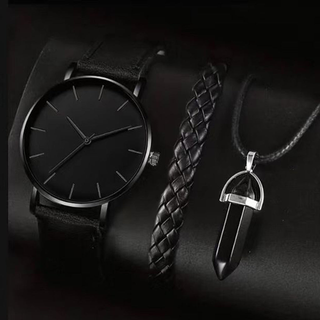 Men's Disc Watch With Rectangle And Beads Bracelet Three-piece Set