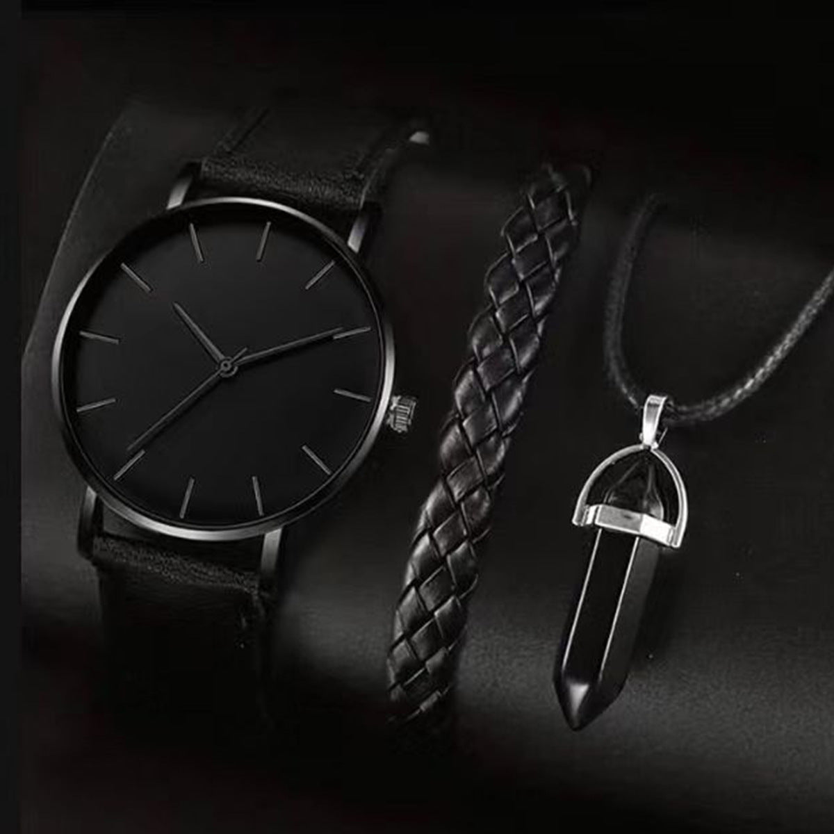 Men's Disc Watch With Rectangle And Beads Bracelet Three-piece Set