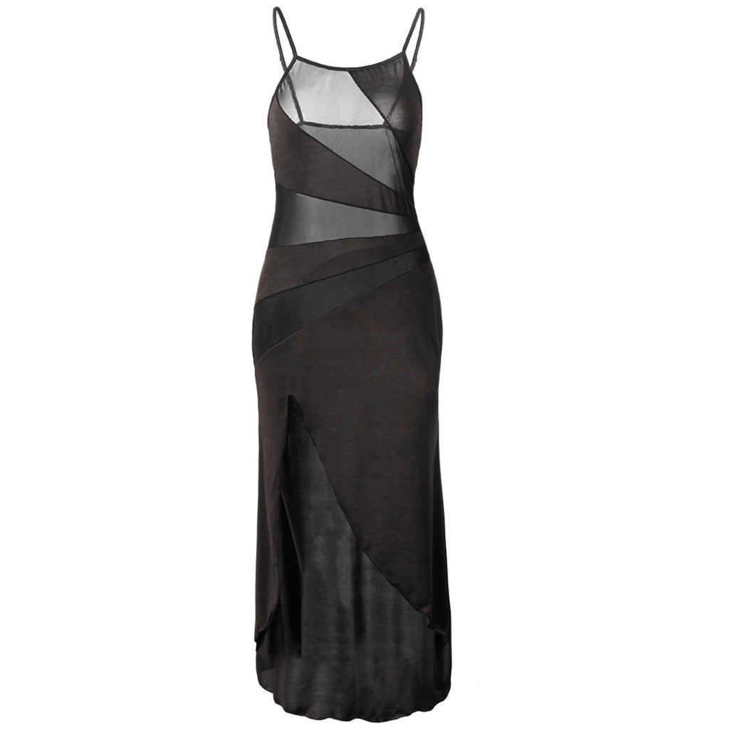K Mesh See-through Slit Suspender Maxi Dress