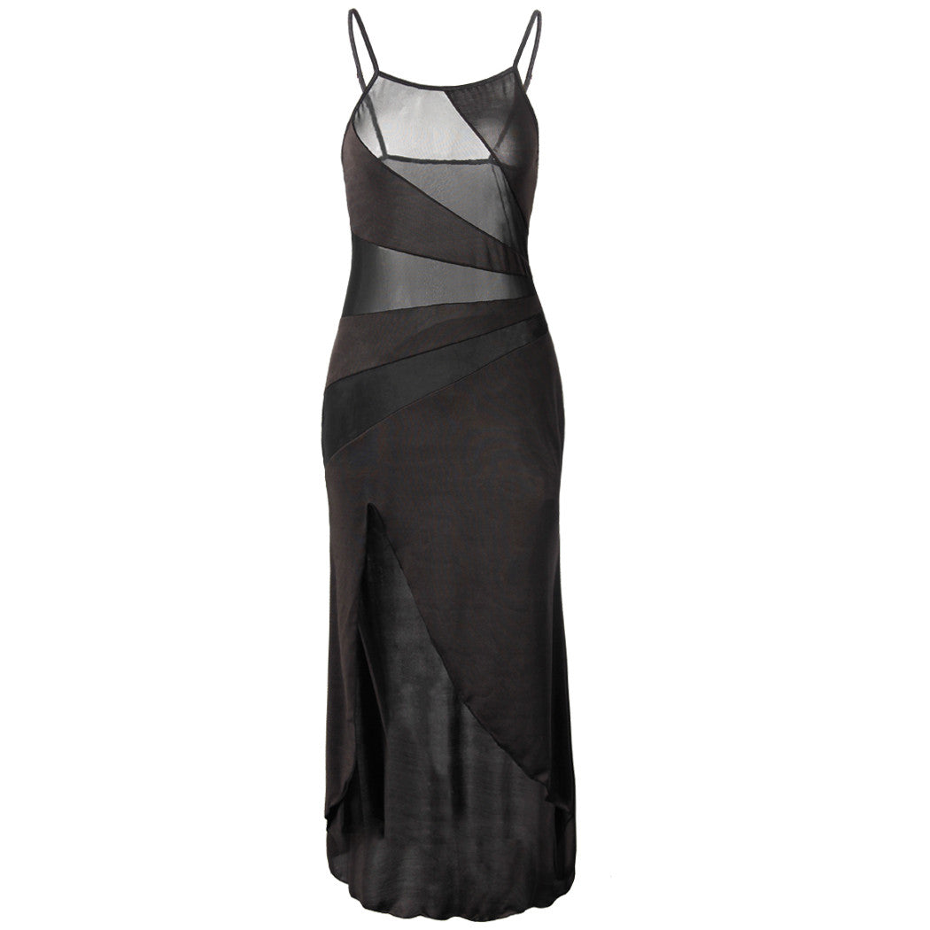 K Mesh See-through Slit Suspender Maxi Dress