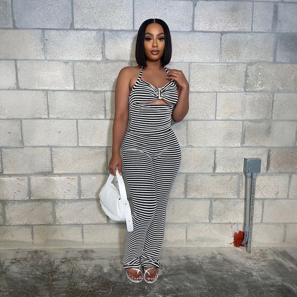 K Outerwear Paired With Slim-fit Pencil Pants Two-piece Jacquard Striped Set