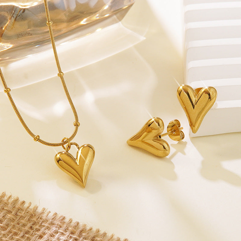 K Stainless Steel Heart Bow Flower Necklace And Earrings Set