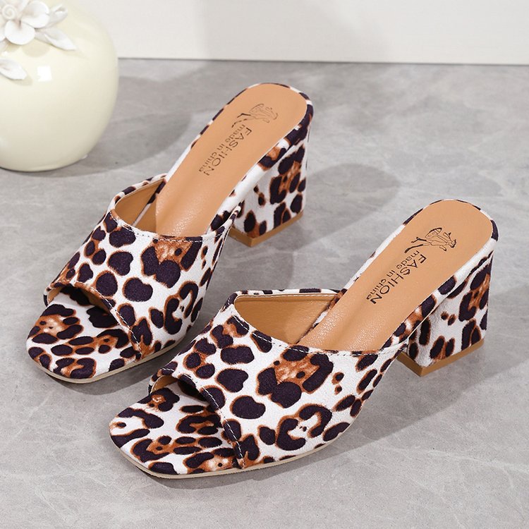 K Leopard Square Toe Sandals Summer High-heeled