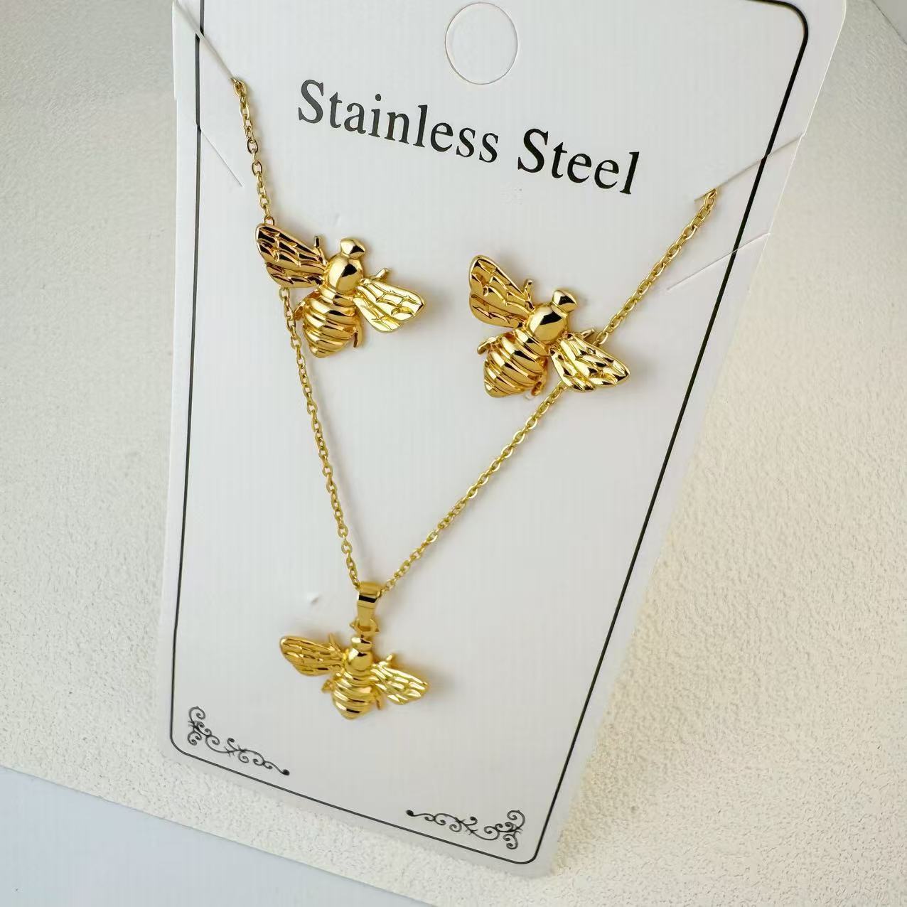 K New Stainless Steel Plated 18k Gold Necklace Earring Set