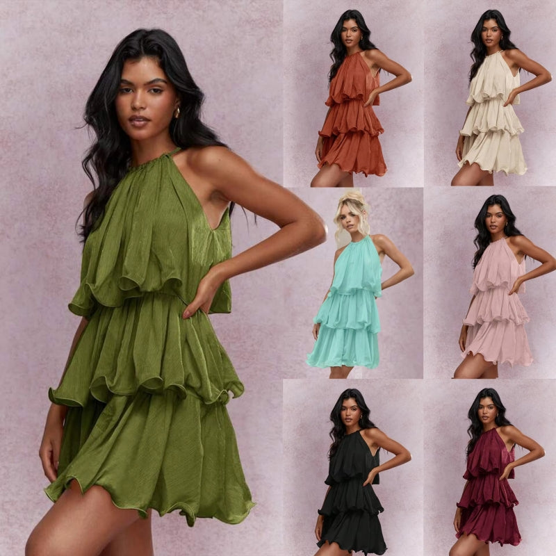 K Elegant Halter Neck Sleeveless Strapless Sheer Layered Dress - Ruffled Hem Elegant Women's Summer Party Dress  Beach Vacation Outfits