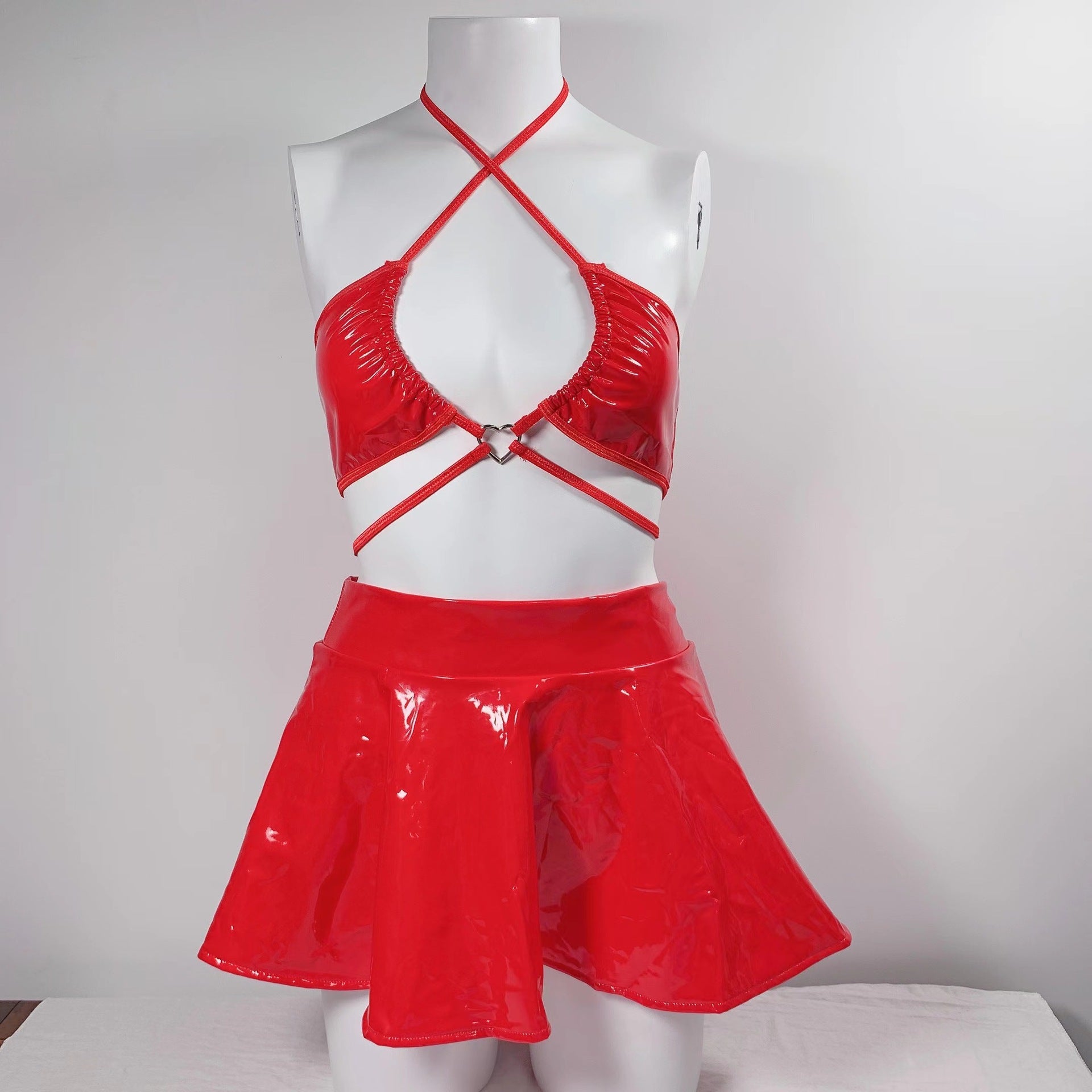 K Ladies PU Patent Leather Short Skirt Suit
