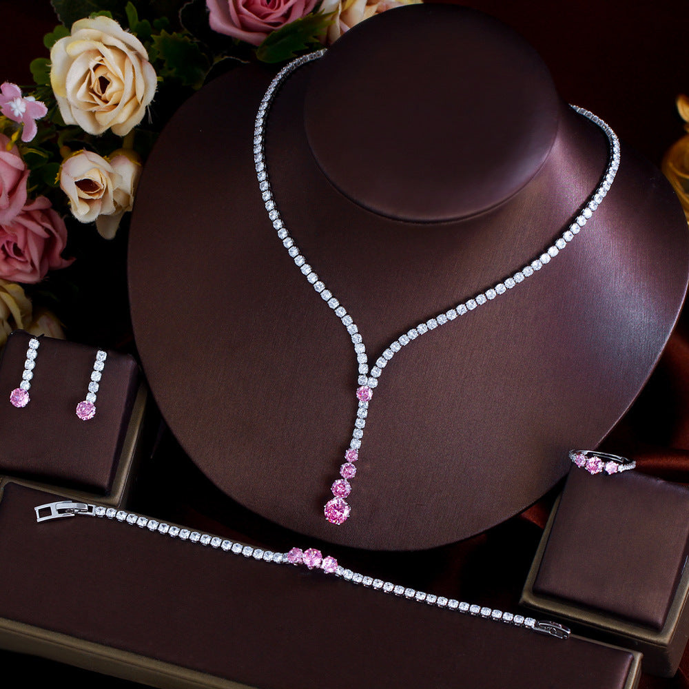 K Luxury Zircon Necklace Earrings Bracelet And Ring Set 4-piece Set