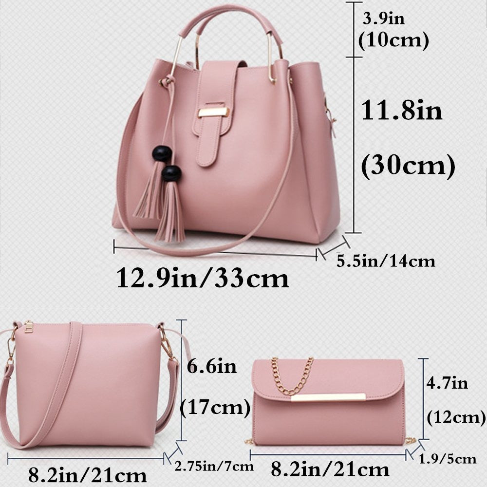 K Womens Purse And Handbag 3Pcs Bag Set Tassel Tote Clutch Satchel Top Handle Shoulder Bag