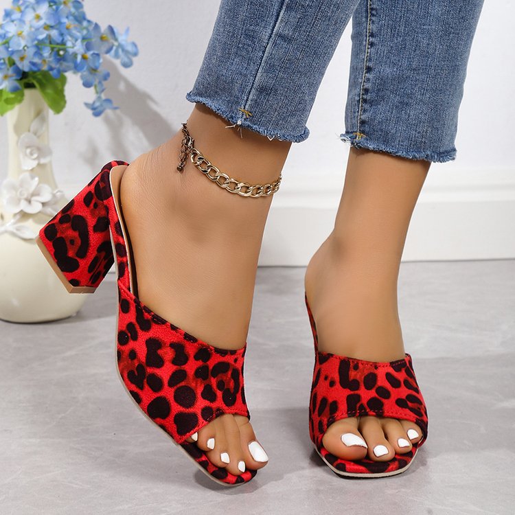 K Leopard Square Toe Sandals Summer High-heeled