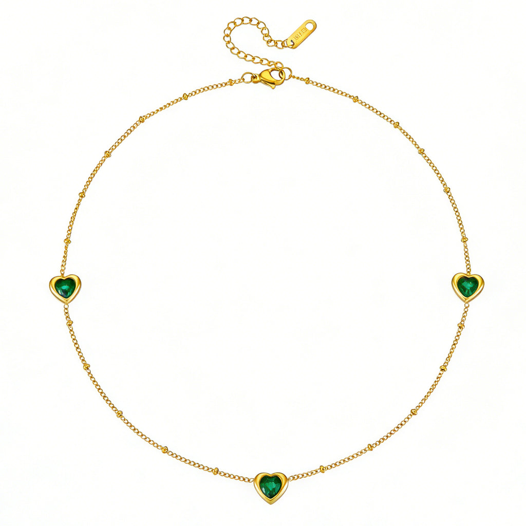 K Stainless Steel Necklace And Bracelet With Inlaid Green Diamond Hearts